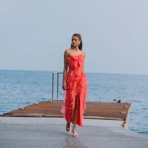 Hutch Vibrant Coral Ruffle Maxi Dress
